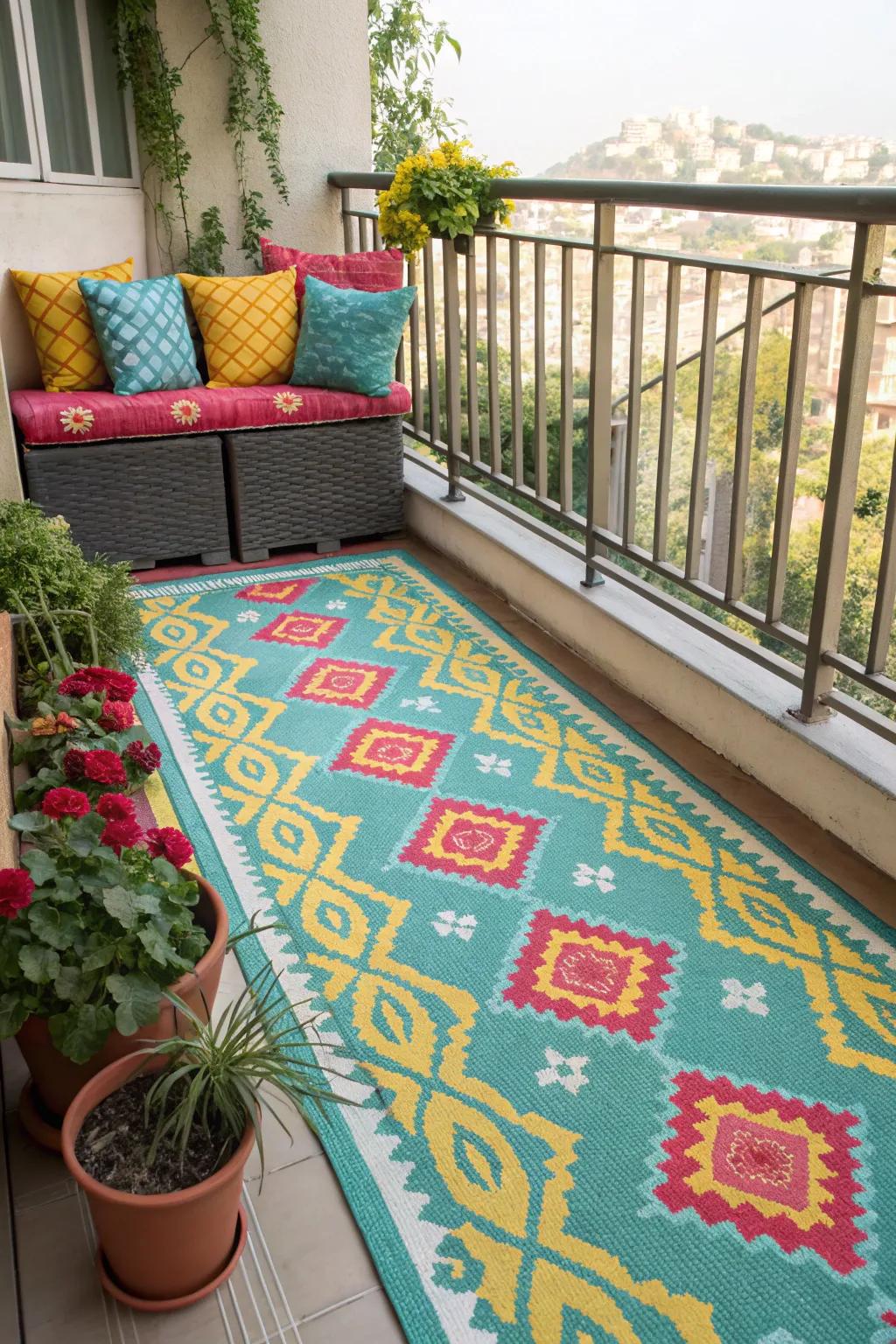 Outdoor rugs add color and comfort to your balcony space. 🌈 #OutdoorLiving #BalconyDecor