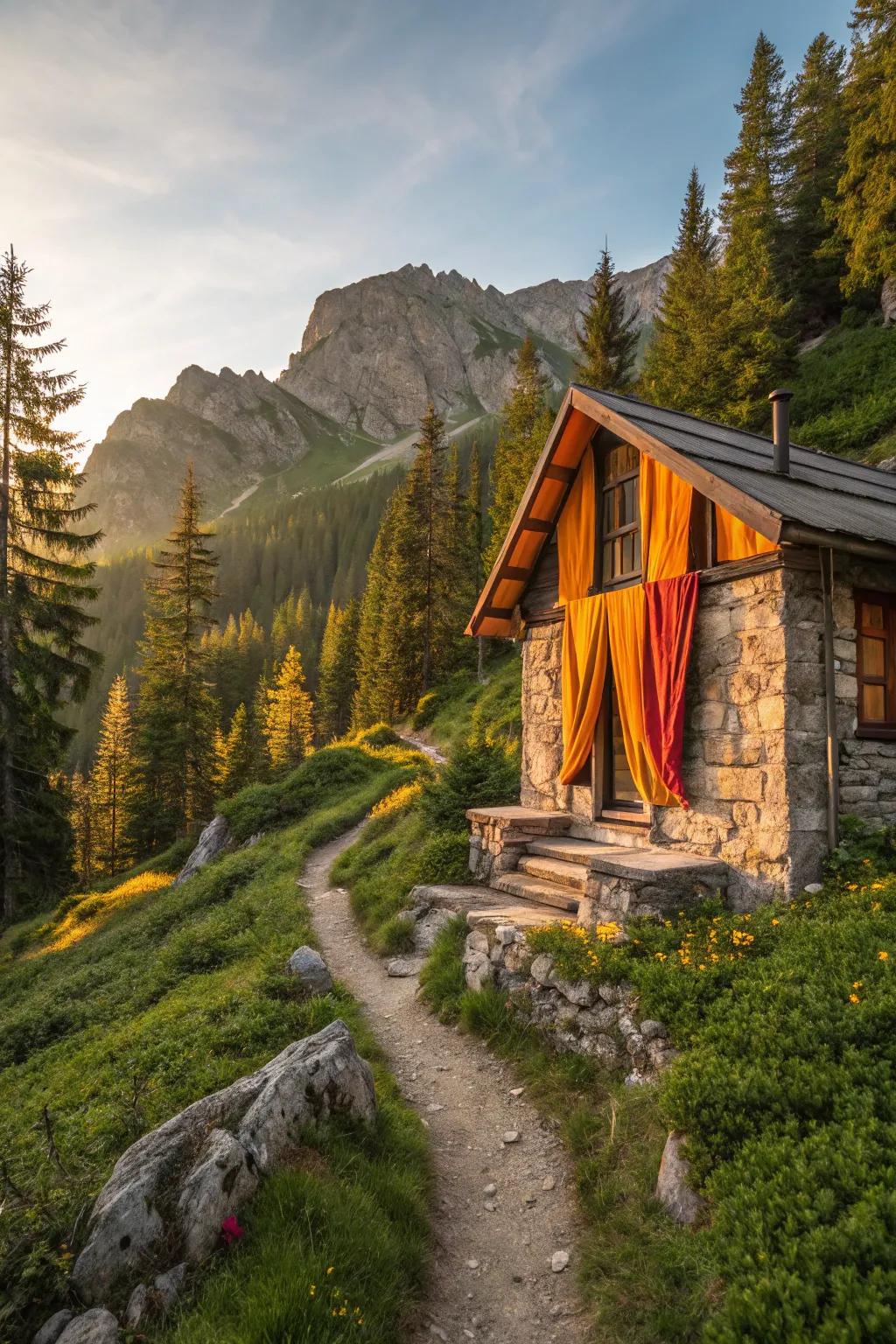 A serene cabin tucked into the forest, harmoniously blending with its natural surroundings.