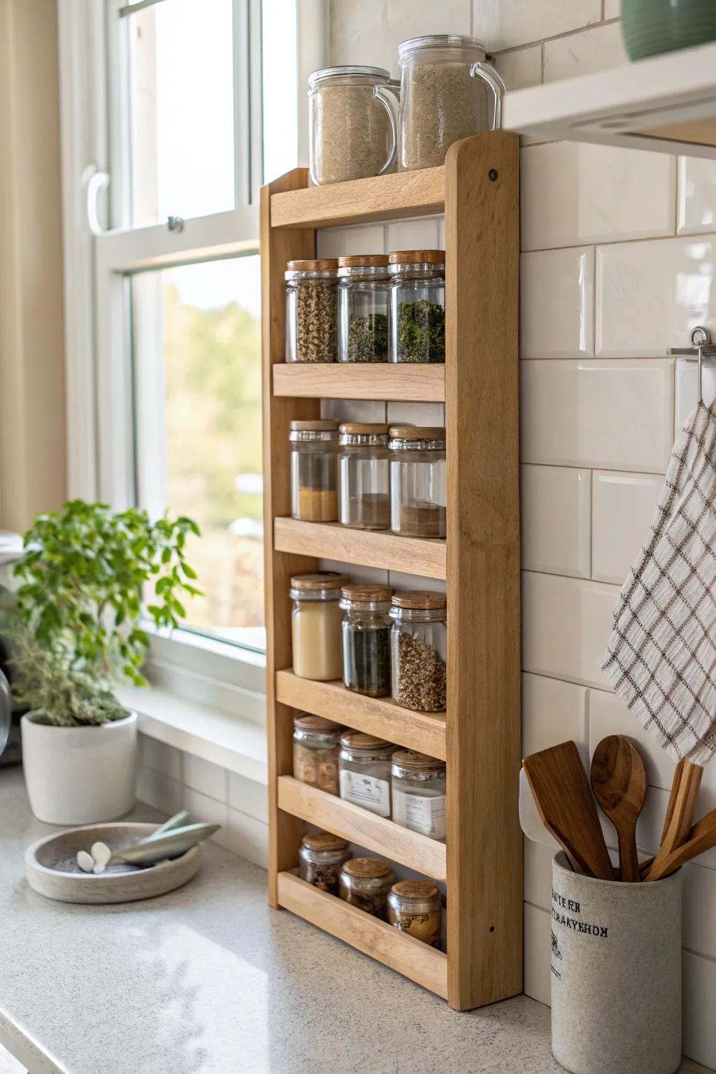 Maximize your kitchen's potential with tall spice racks that save space.