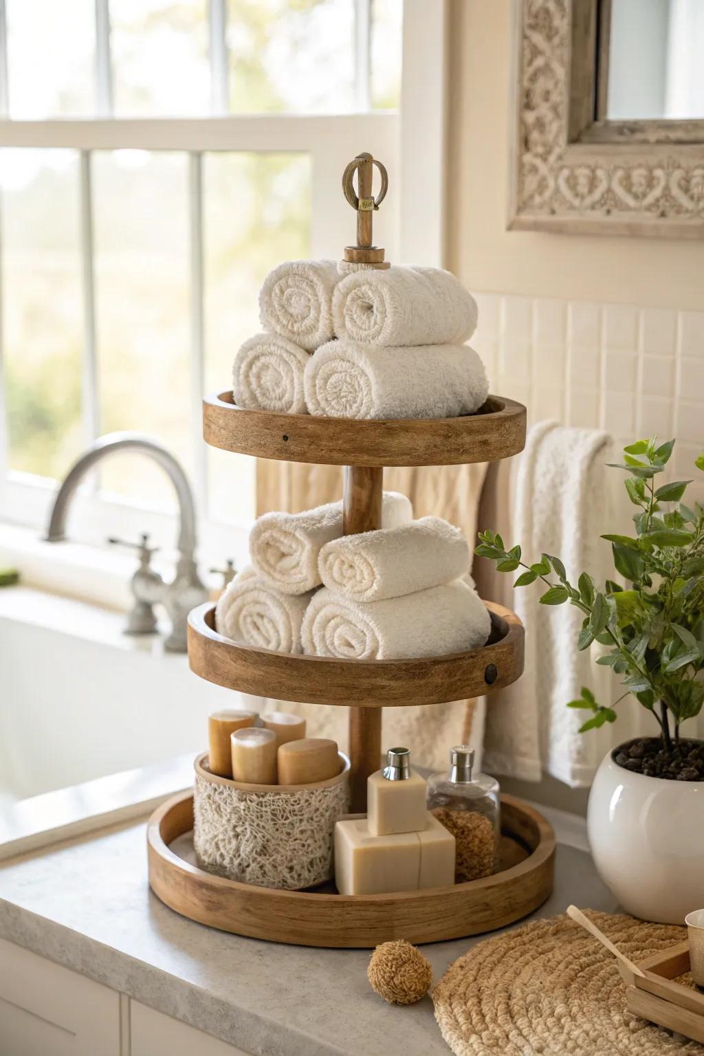 Go vertical with a tiered tray for a stylish and space-saving solution! 🏡 #InteriorDesign #HomeOrganization #BathroomInspo