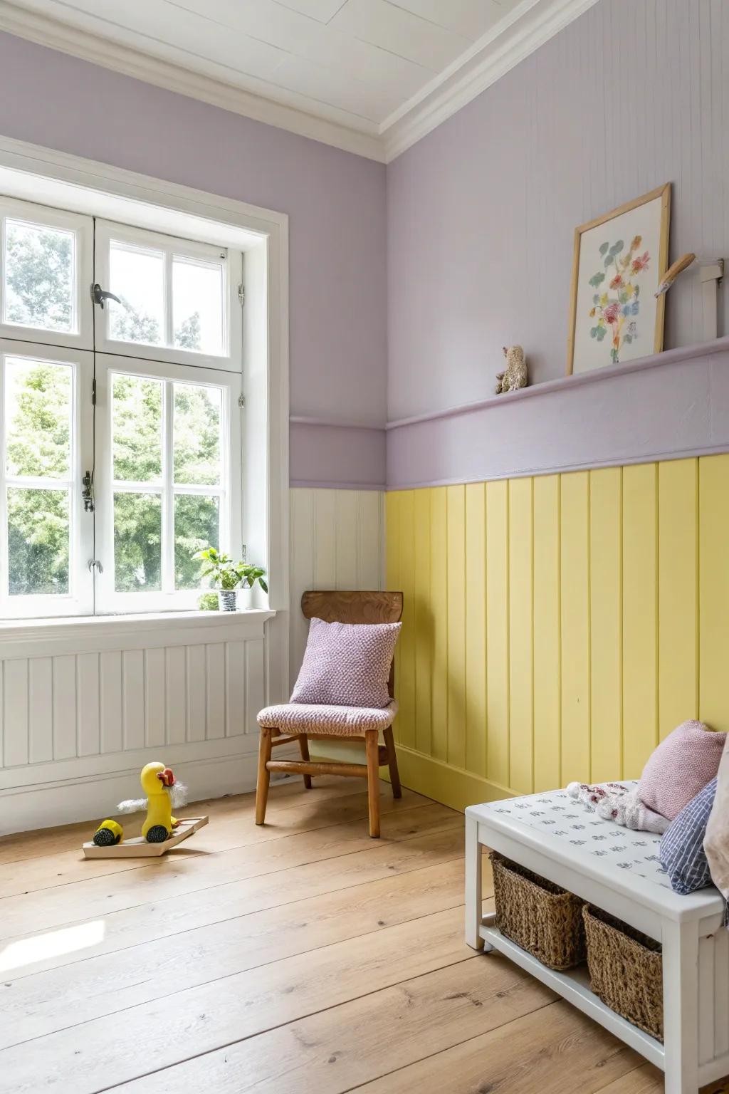 Bring joy to a child's room with playful lavender and yellow wainscoting. 🌈 #KidsRoomDecor #ColorfulSpaces #PlayfulDesign