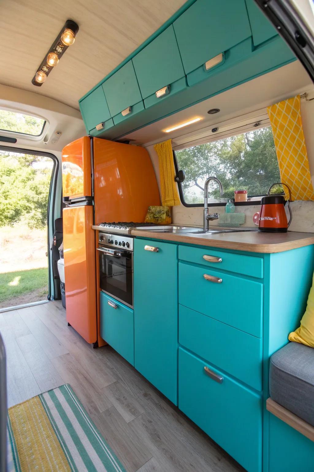 Integrated appliances keep your van kitchen looking sleek and modern. #VanLife #Minimalism