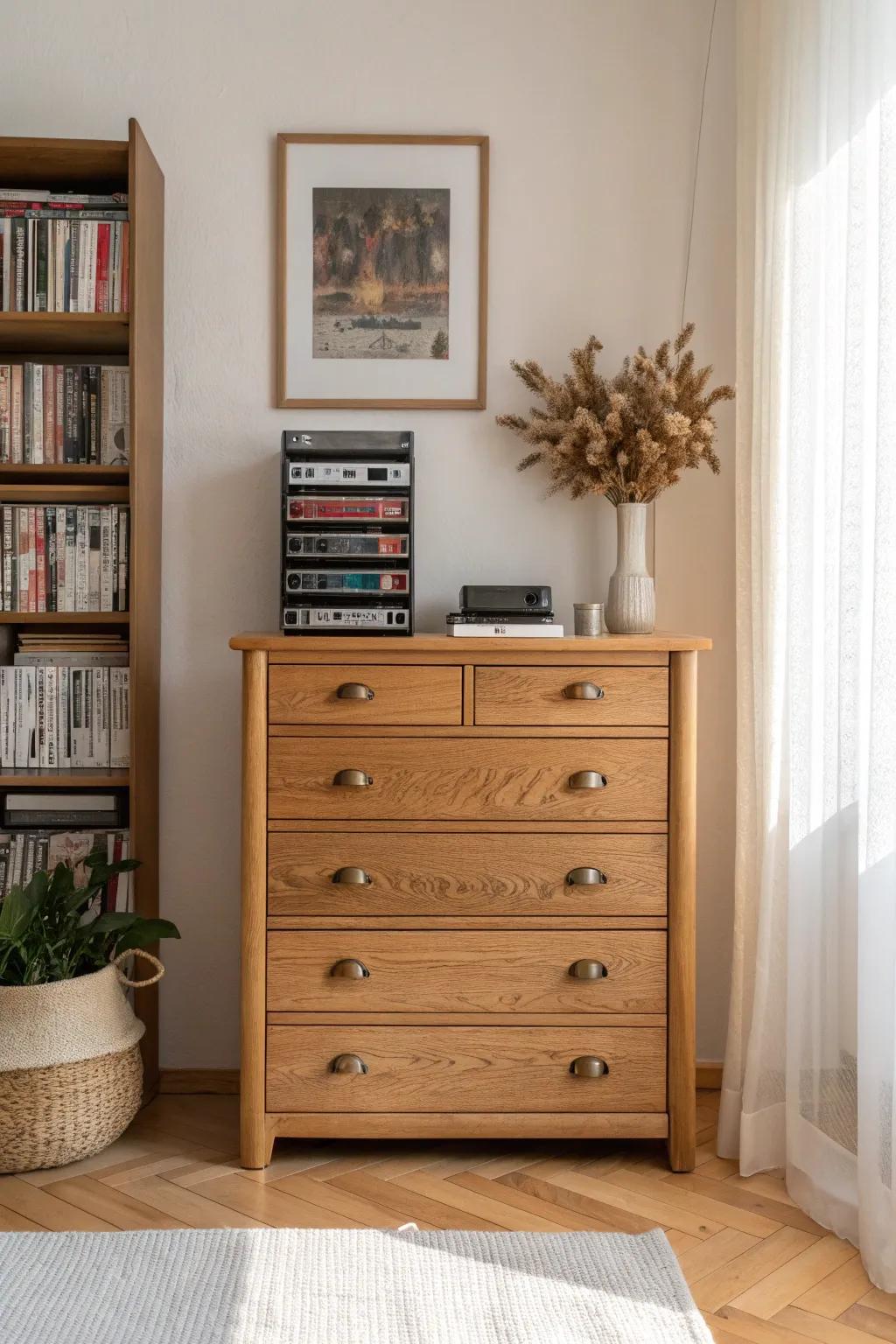 Repurpose and revive old furniture to showcase your tapes with style. 🎥 #Upcycled #HomeCreativity