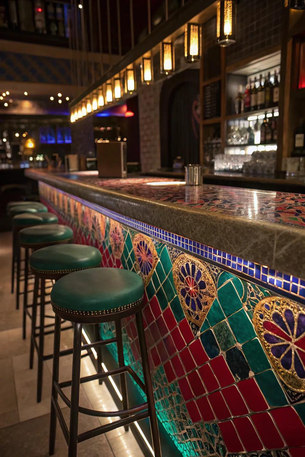 Showcase your creativity with a custom tile mosaic bar top. #ArtisticDesign #HomeBar #CreativeSpaces