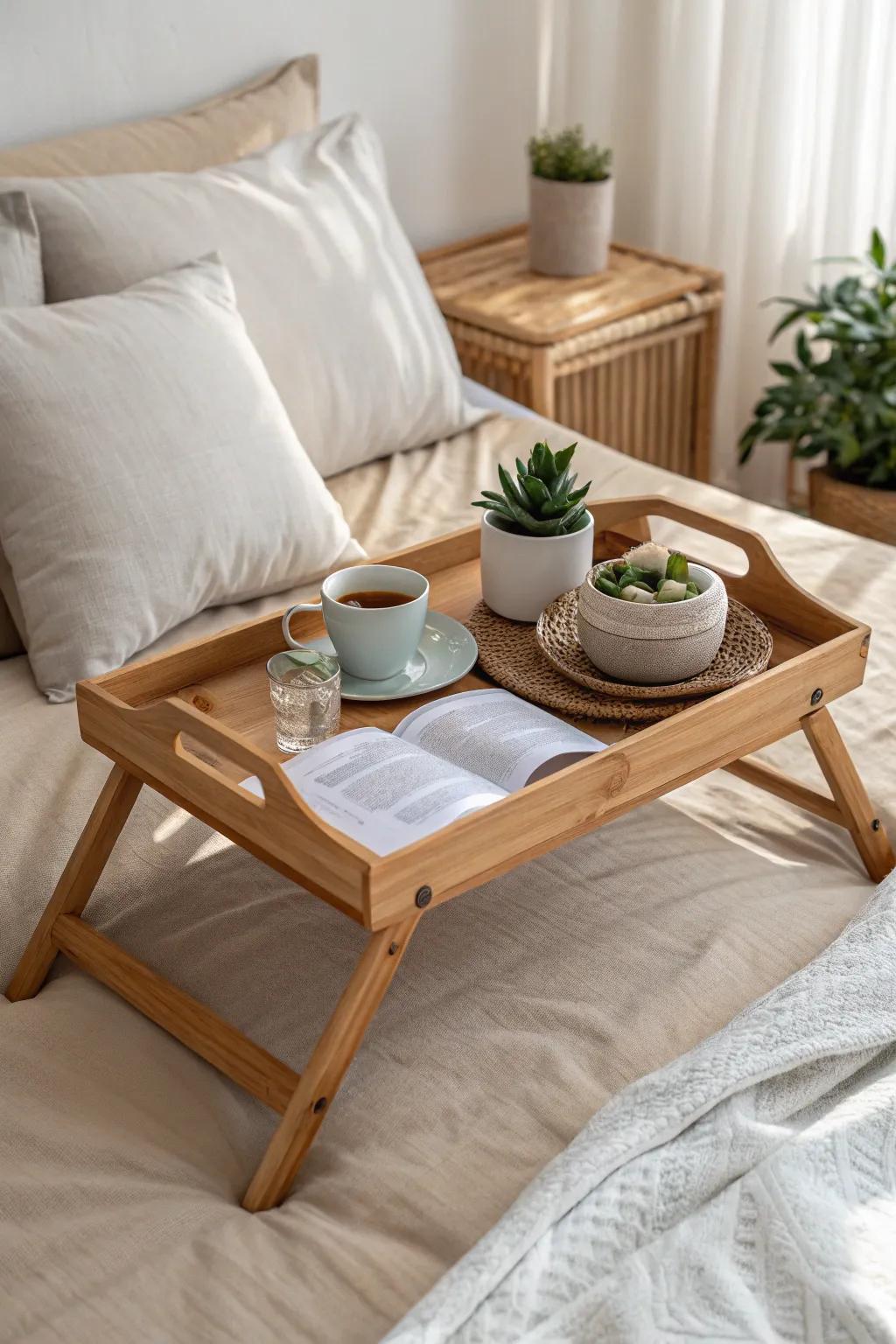 Bring rustic charm into your bedroom with a natural wood tray.