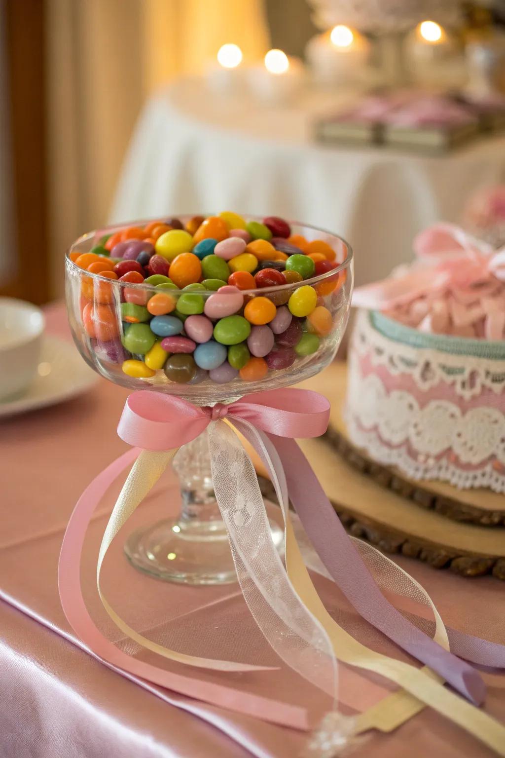 Ribbons add a touch of elegance to a candy-filled centerpiece.