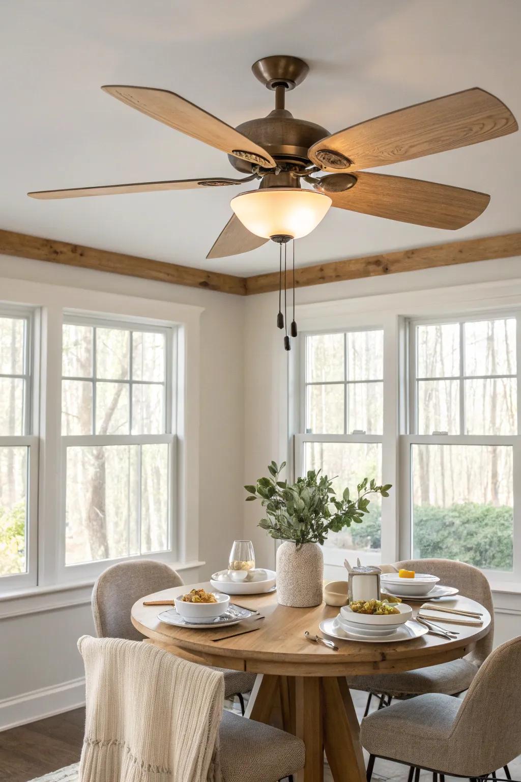 Set the mood with a ceiling fan that offers adjustable brightness, perfect for every dining occasion.