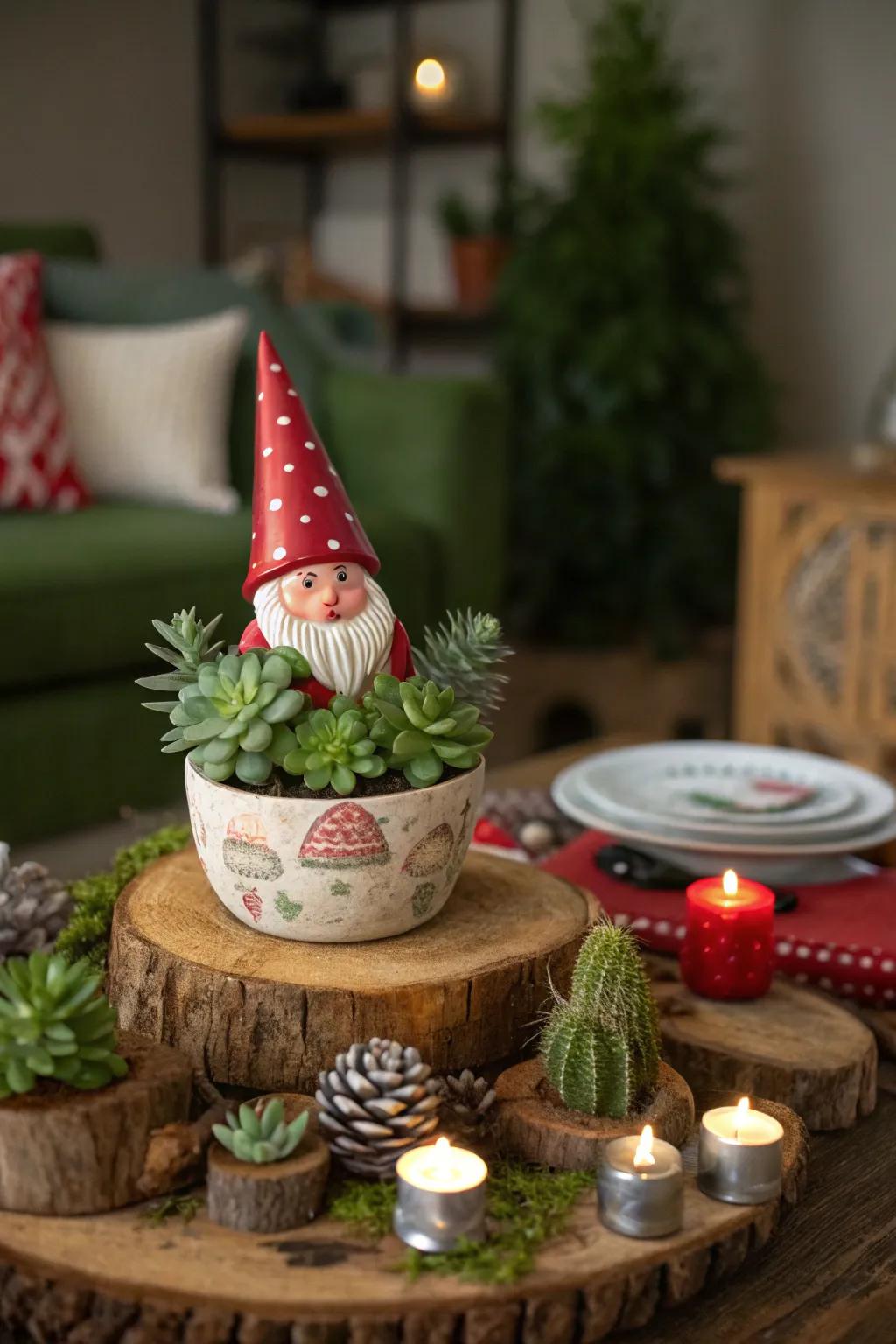 Bring a touch of whimsy to your holiday decor with gnomes adorned with vibrant succulents.