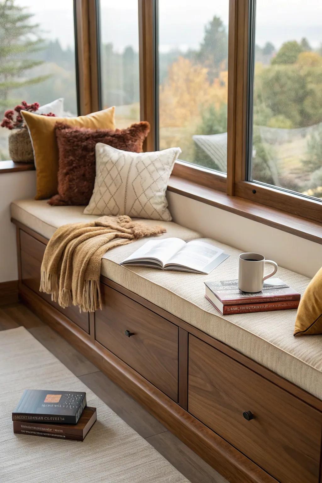 Embrace warmth with a window seat featuring beautiful wood tones. 🌟 #InteriorDesign #Warmth
