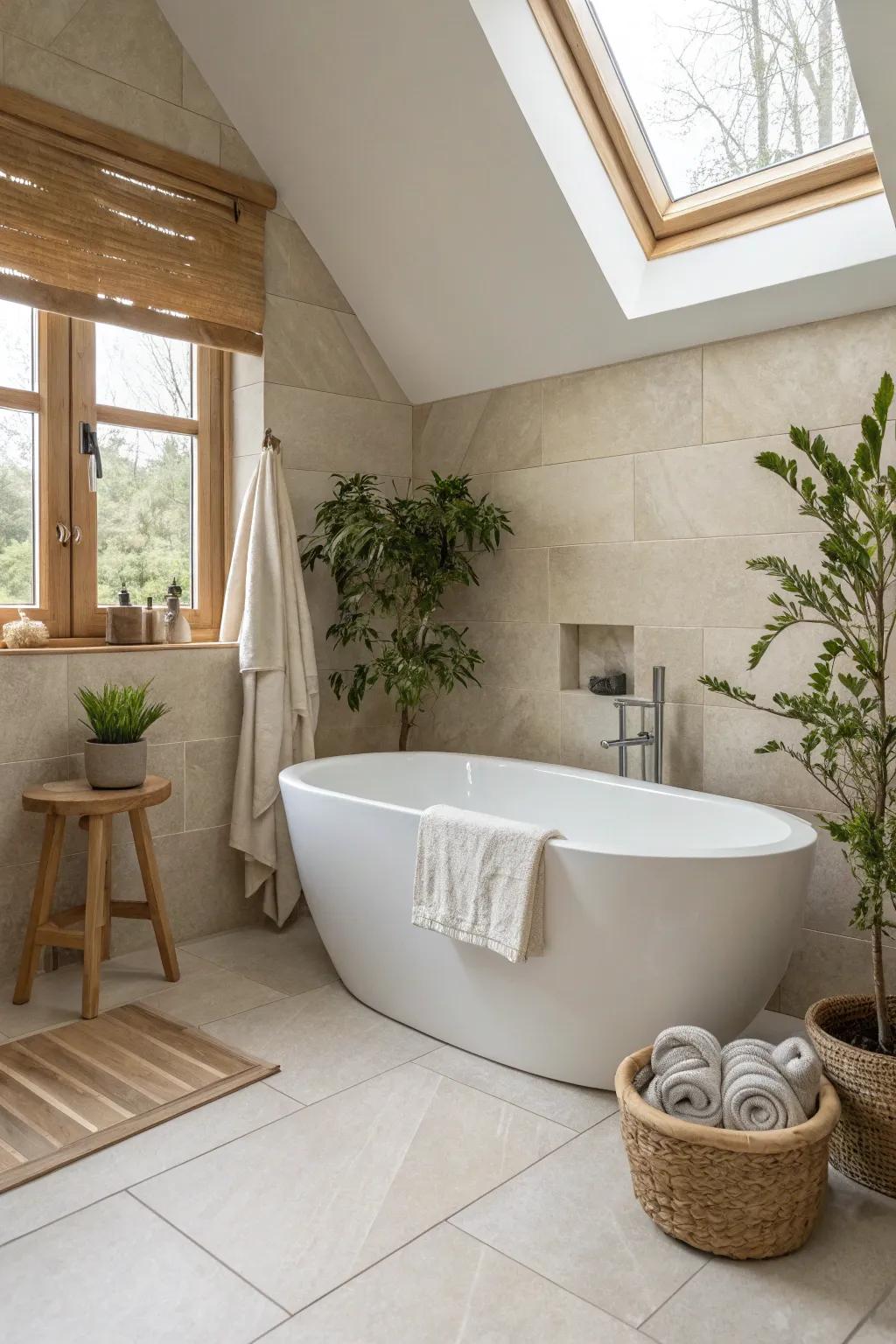 Achieve harmony in your bathroom by seamlessly integrating your corner freestanding tub with matching decor elements.