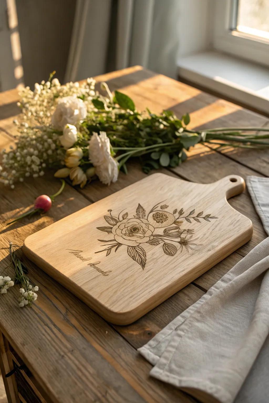 Add timeless beauty to their kitchen with a cutting board featuring floral engravings.