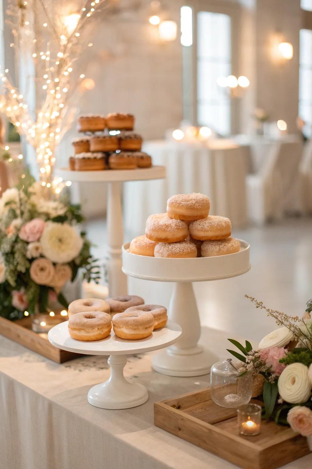 Simplicity at its best with a minimalist donut display, letting each treat take the spotlight. #MinimalistDesign #ElegantWedding