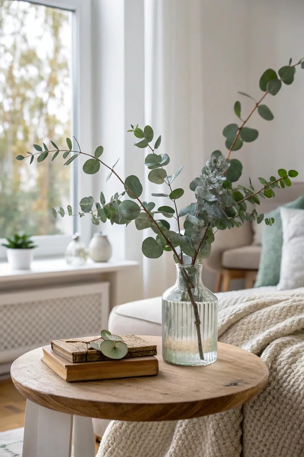 Achieve a serene aesthetic with minimalist eucalyptus styling.