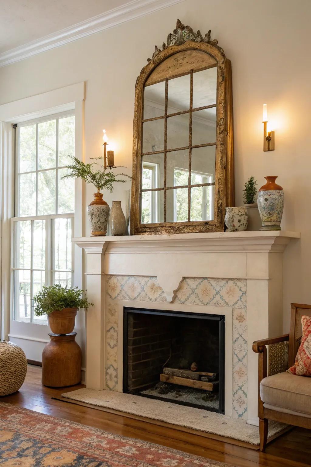 Add vintage character with an antique mirror that tells its own story. 🕰️ #VintageCharm #FireplaceDecor