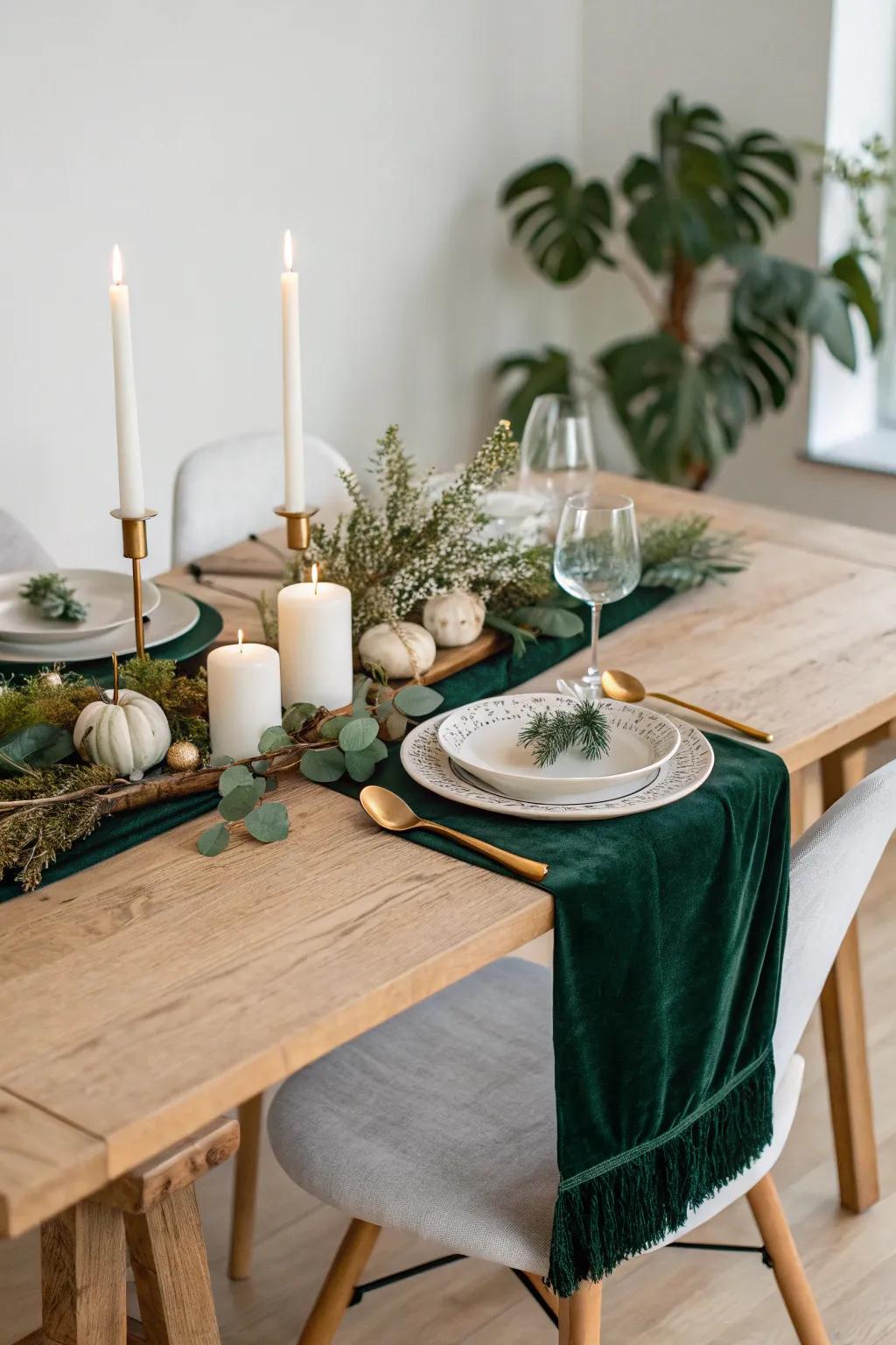 Layering rich textures like velvet and wool adds depth and elegance to your Friendsgiving setting.