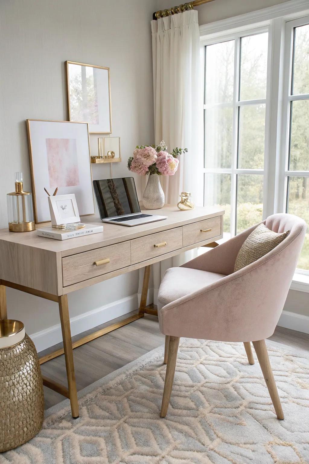 Embrace the elegance of a neutral palette with strategic pops of color for a chic office vibe.