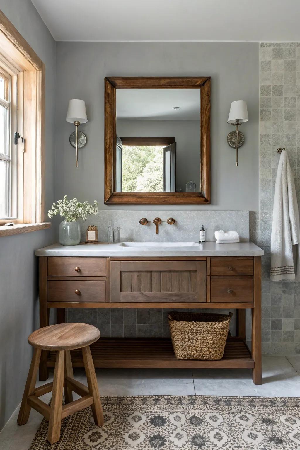 Enhance your bathroom with a walnut-framed mirror against light grey walls.