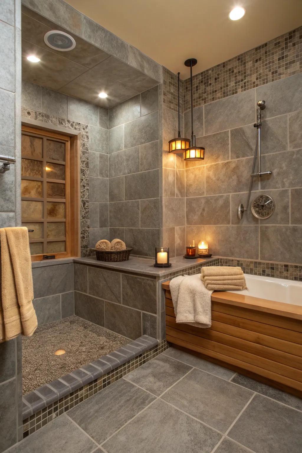 Turn your shower into a spa-like retreat with grey tiles.