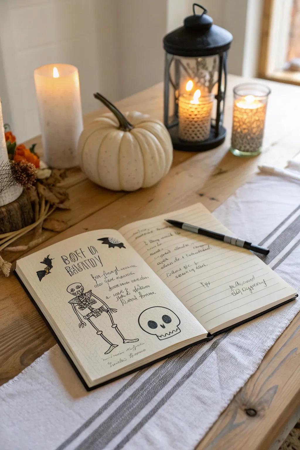 Leave a message for the little one in a skeleton-themed guest book—spooky and sentimental.
