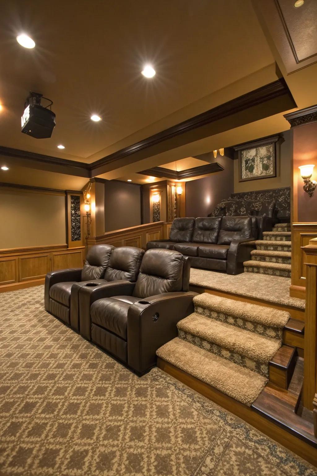 Add depth and dimension with multi-level carpeted floors that elevate your theater experience.