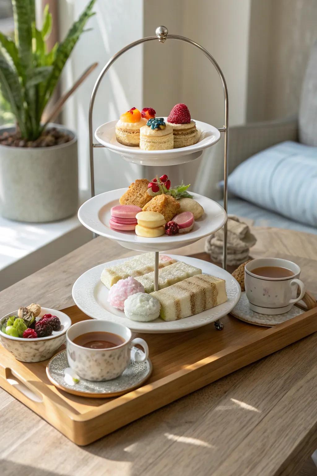 Indulge your sweet tooth with a tiered tray brimming with delectable treats. 🍬🧁 #SweetTreats #CozyAfternoon