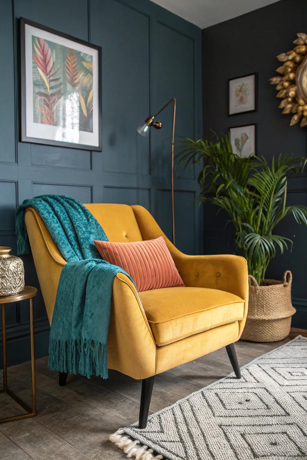 Brighten up your living room with the bold contrast of mustard yellow and gray.