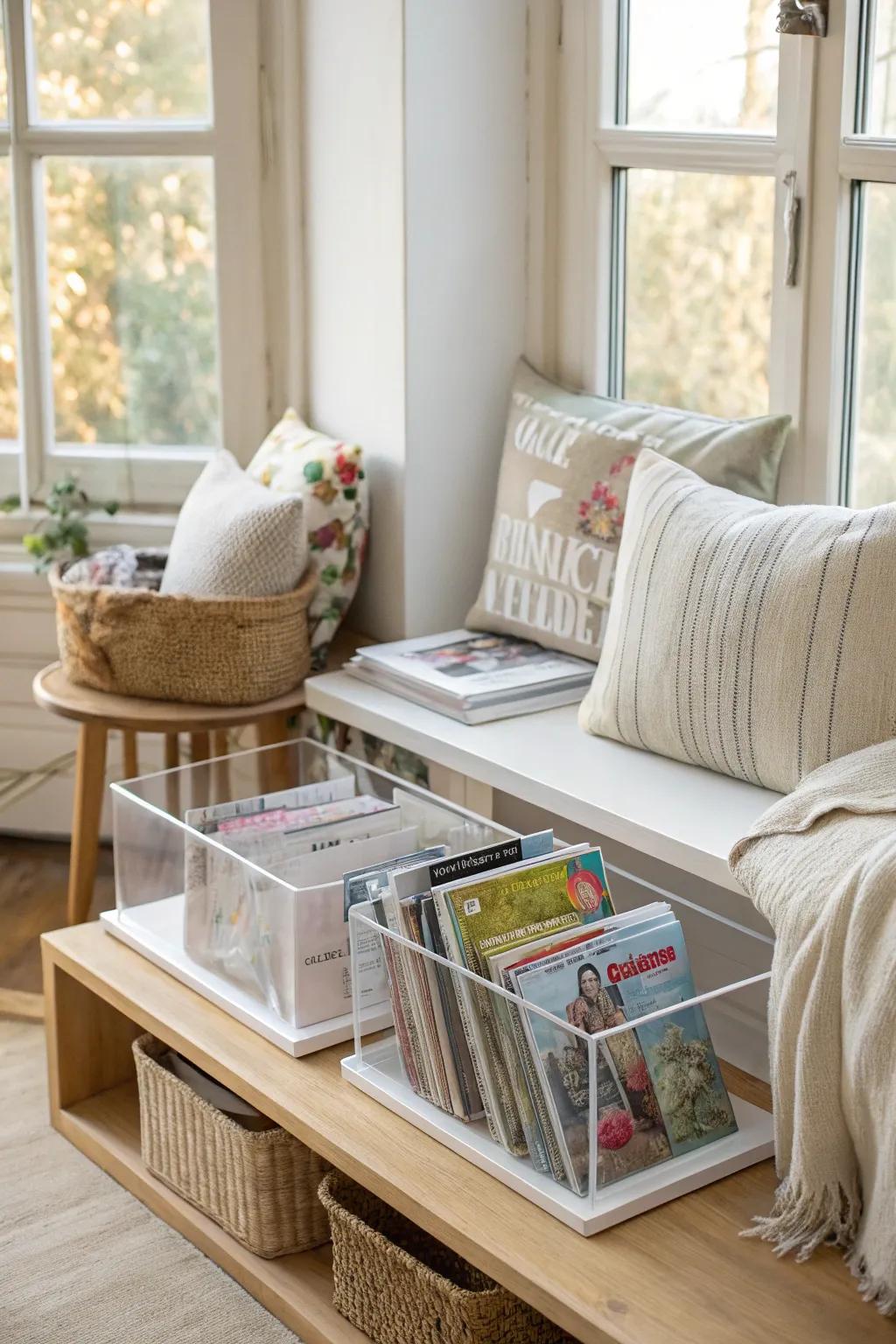Transparent storage boxes keep your magazines organized and visible, adding a modern touch to any room.
