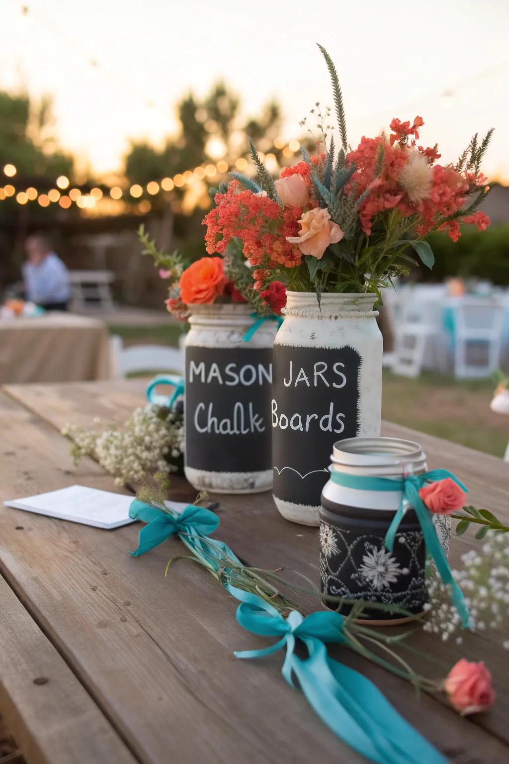 Let your guests leave heartfelt messages with these DIY chalkboard mason jars, adding a personal and interactive element to your decor.