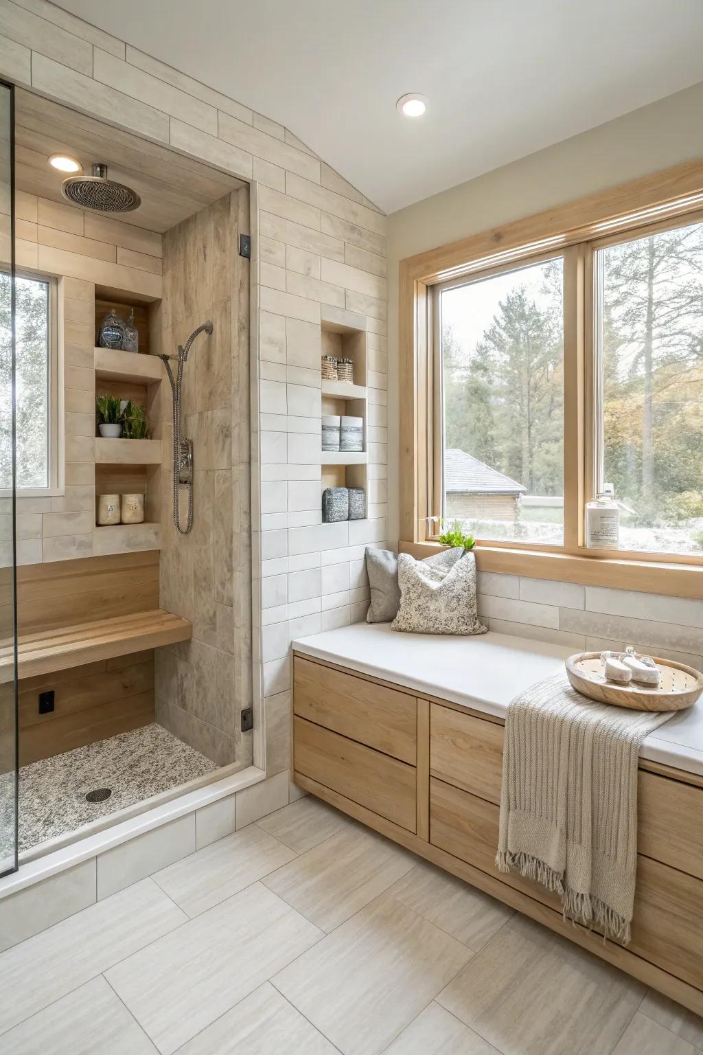 Built-in benches and niches maximize space and convenience in your bathroom.