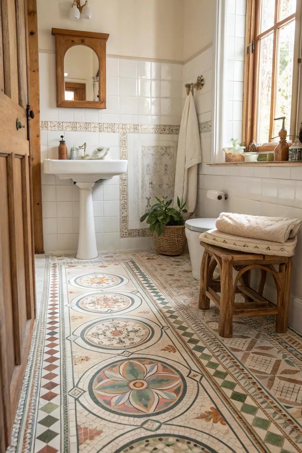 Step back in time with vintage mosaics, infusing your space with nostalgia and charm. #VintageBathroom #ClassicStyle