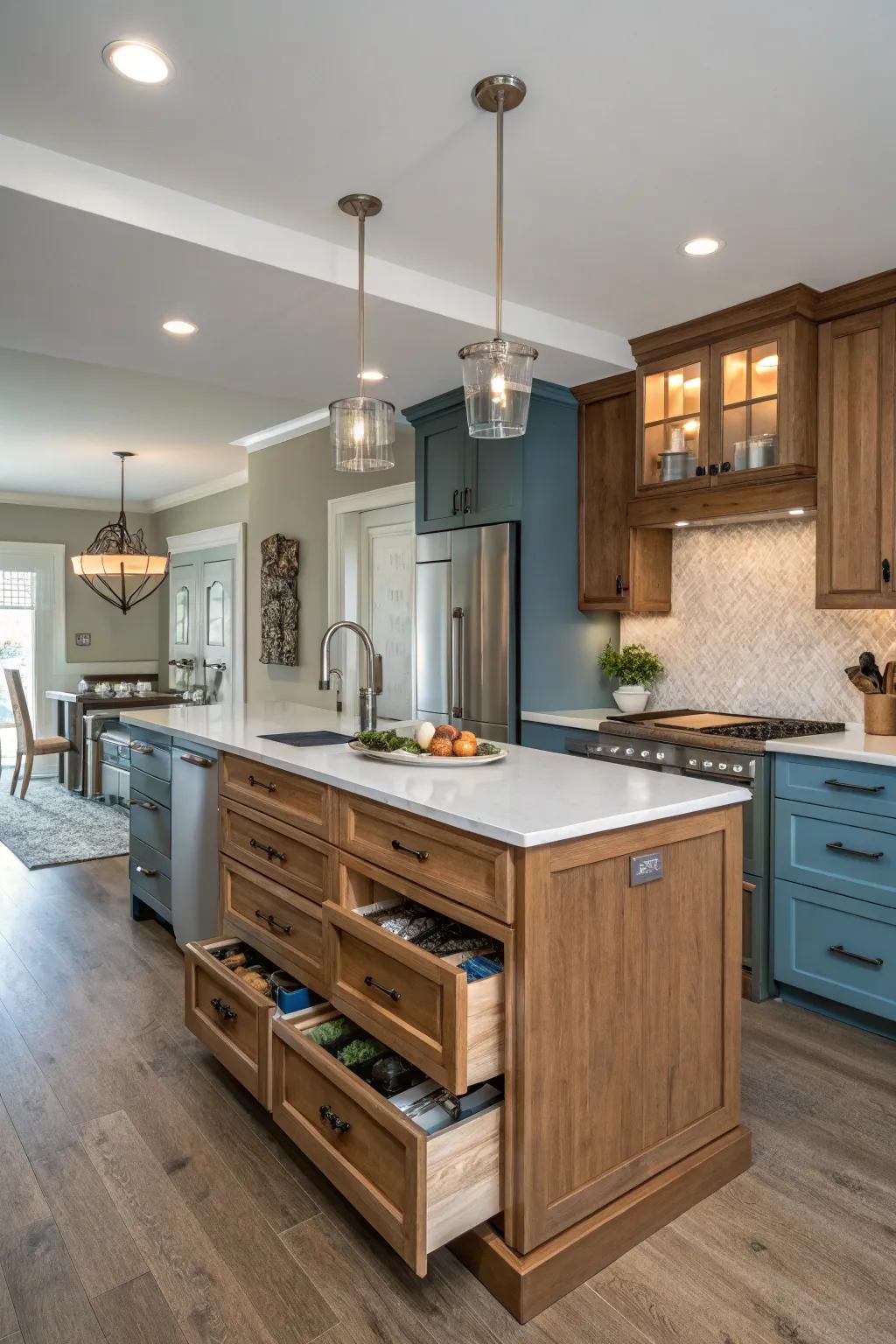 Hidden storage turns your island into a functional powerhouse, keeping your kitchen tidy and efficient.