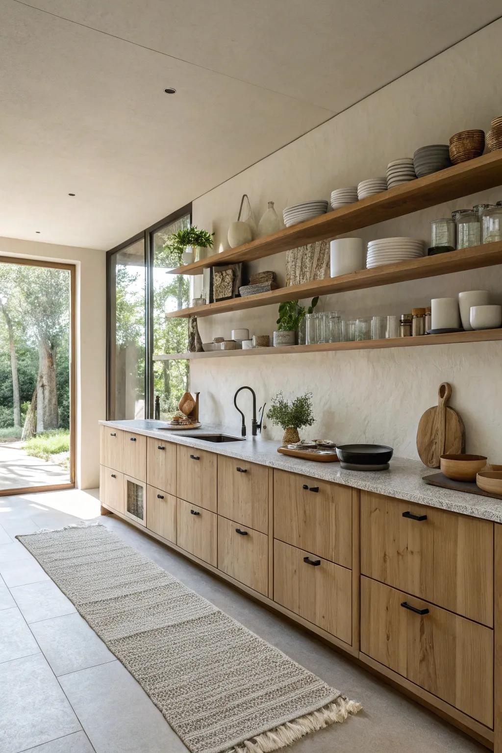 Make a statement with a feature wall of open shelves, showcasing your unique collection.