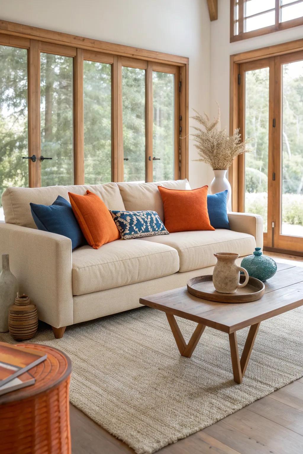 Neutrals are your best friend when balancing bold colors in your living room. #BalancedDesign #NeutralPalette