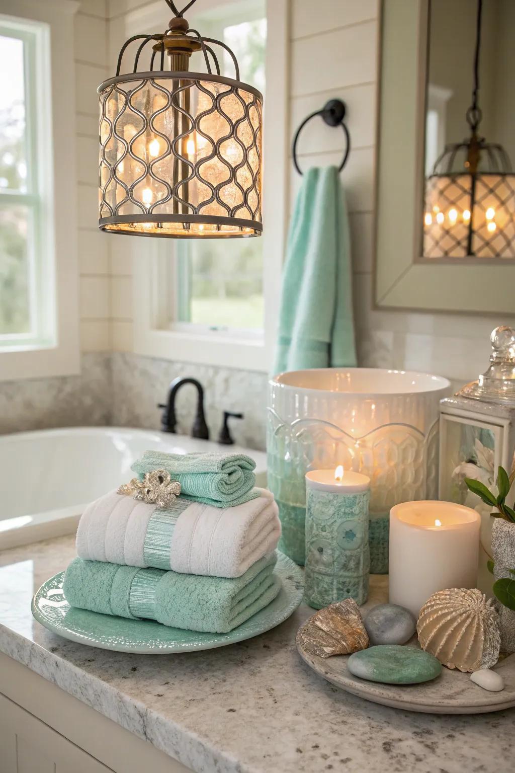 Achieve a serene ambiance with soft lighting that complements sea salt hues.