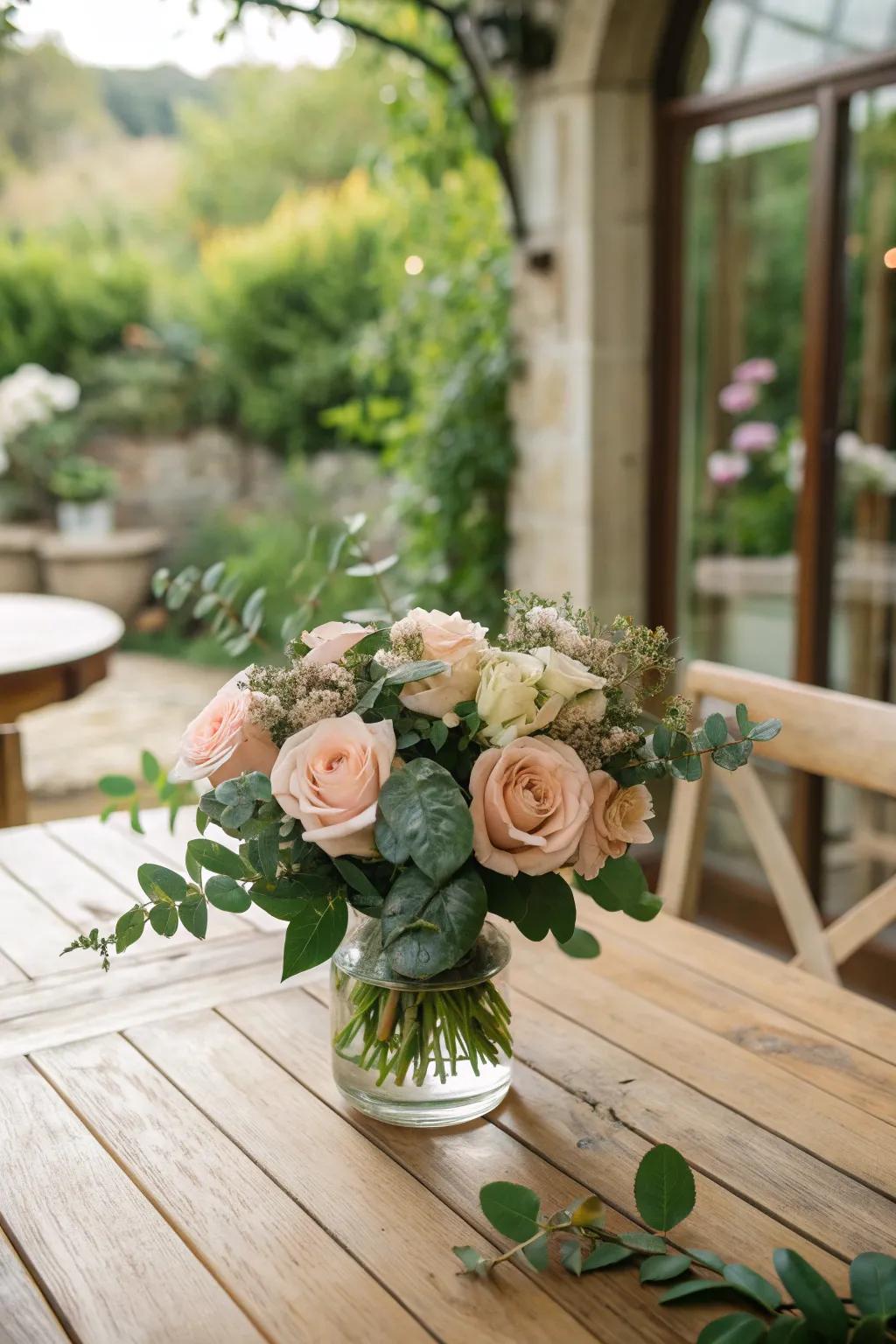 Capture garden vibes indoors with a rose centerpiece that includes fresh greenery.