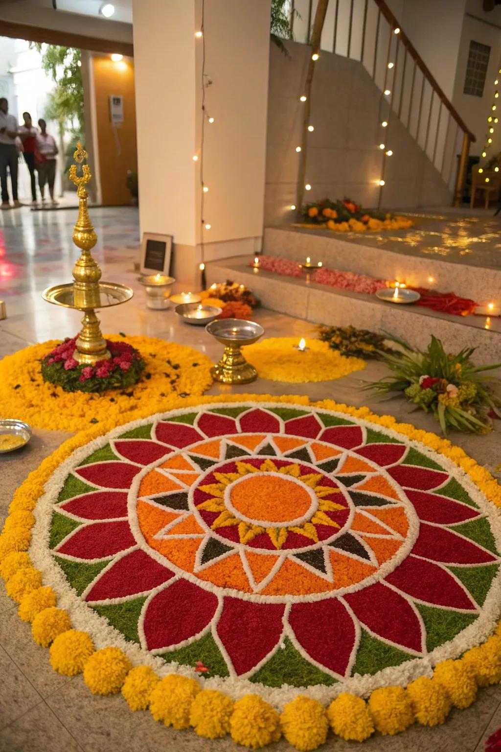 Add a festive touch with a colorful rangoli, welcoming guests with its intricate beauty.