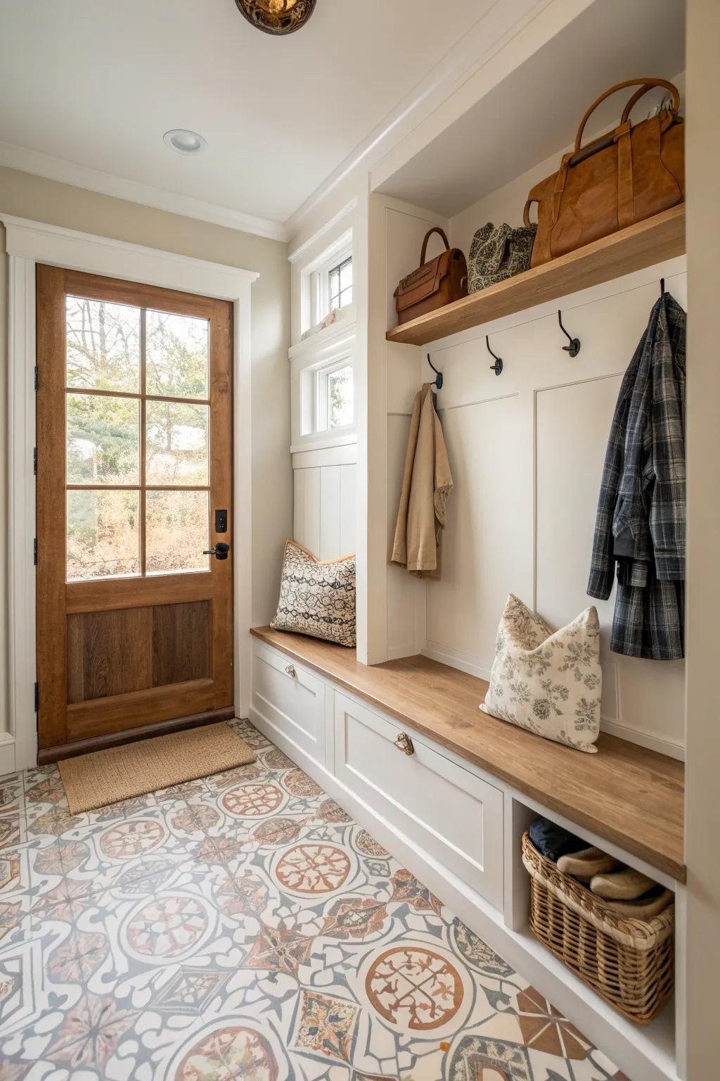 Durable and easy-to-clean flooring is a must for any mudroom, ensuring longevity and easy maintenance.