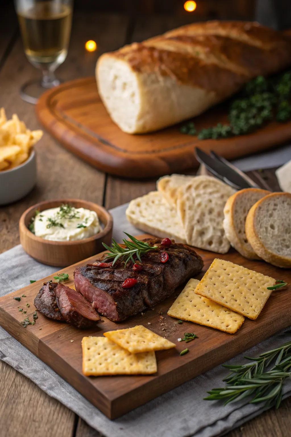 Artisanal breads and crackers provide the perfect canvas for your steak board delights.