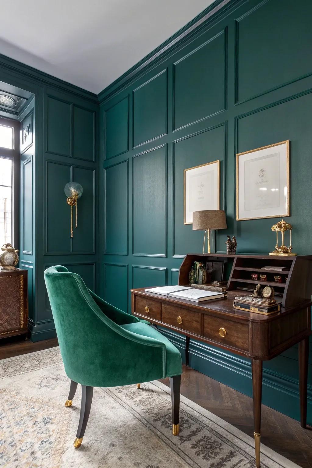 Add a touch of luxury to your home office with the depth of emerald and teal wainscoting.