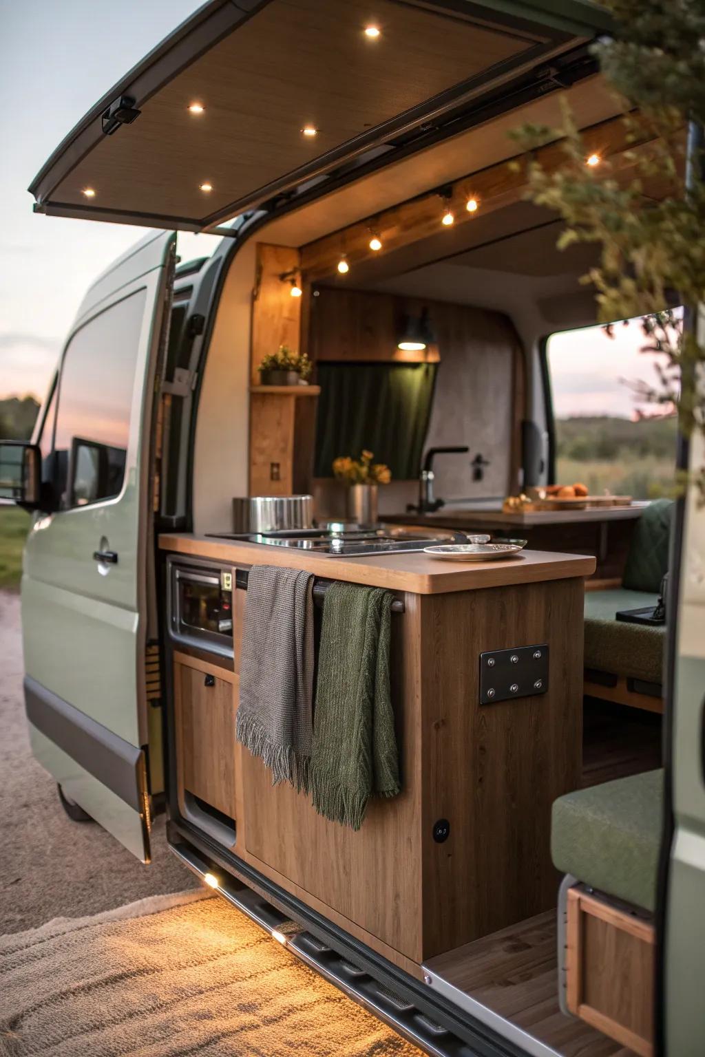 Enjoy the flexibility of indoor and outdoor cooking with a swivel kitchen module.