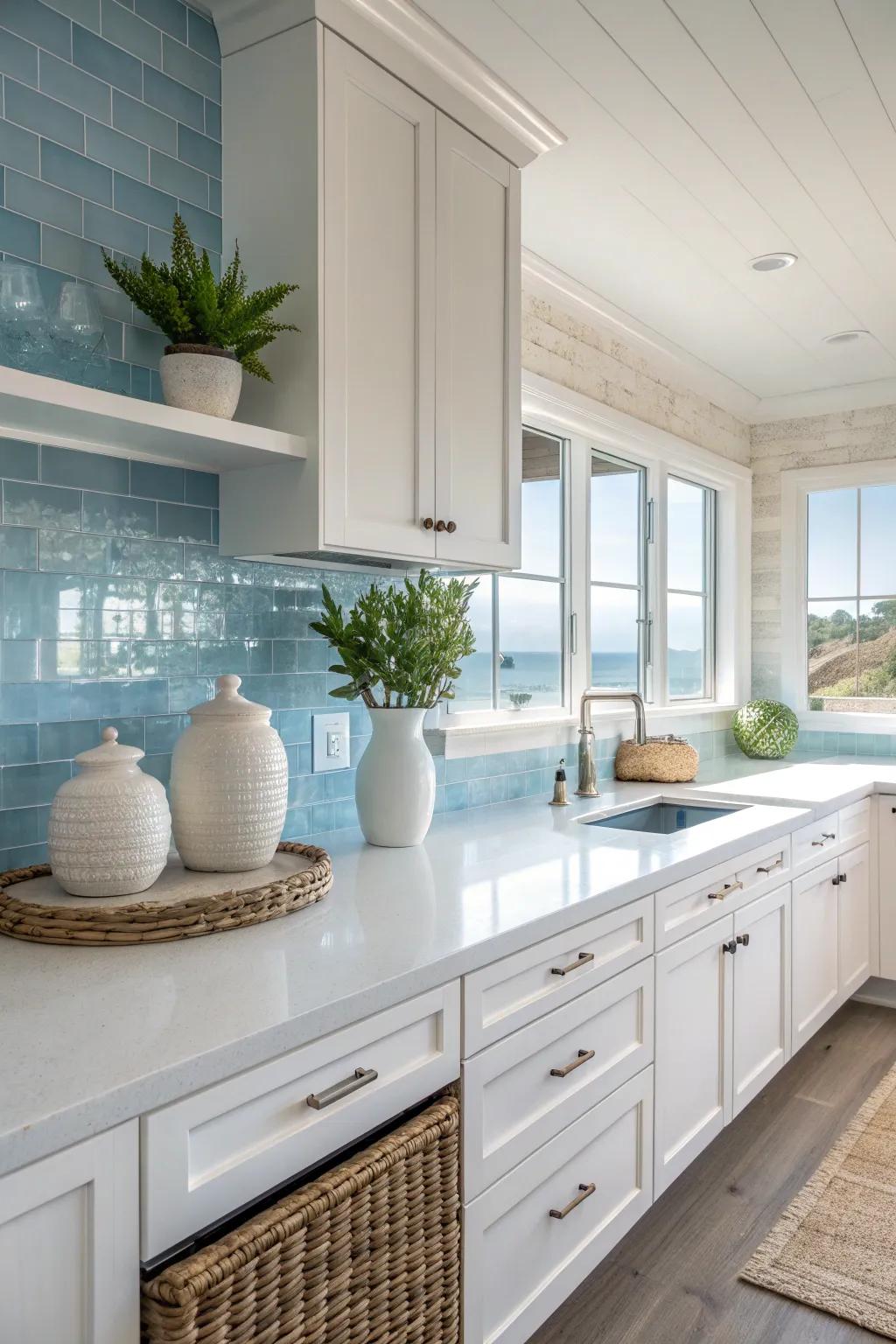 Bring coastal serenity to your kitchen with calming blues and airy whites. 🌊 #CoastalLiving #AiryDesign