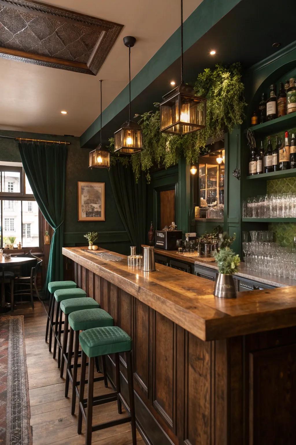 Embrace rustic charm with a cozy butcher block bar top.