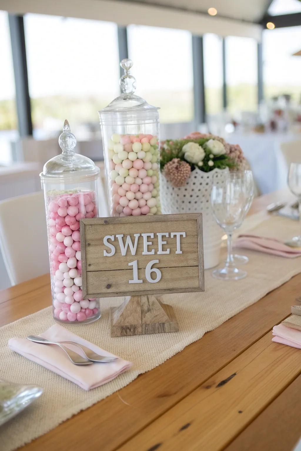 Celebrate in style with a Sweet 16 candy centerpiece that's both festive and fun.