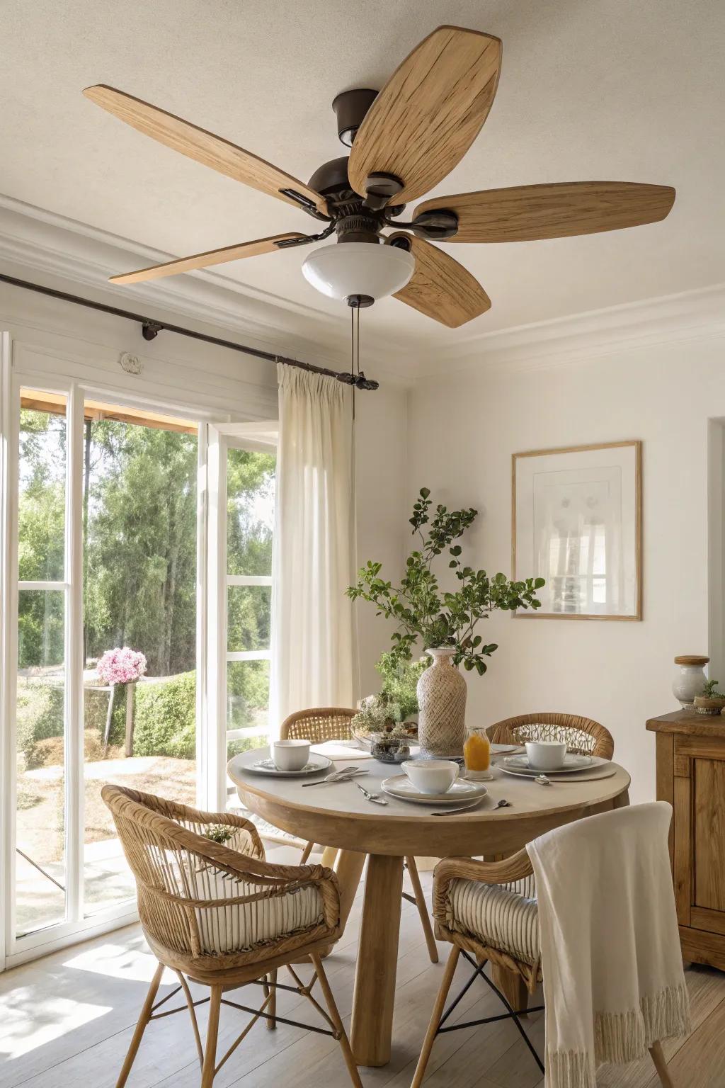 Versatility meets design with a neutral ceiling fan that adapts to any dining room style.