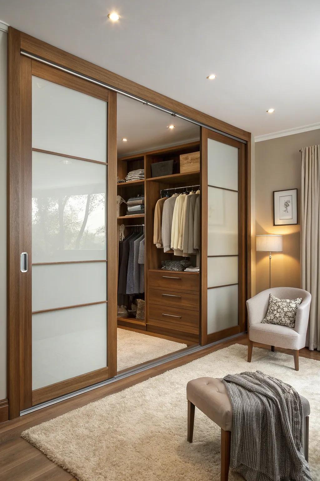 Embrace modern elegance with sliding or open doors that enhance your closet's aesthetics.