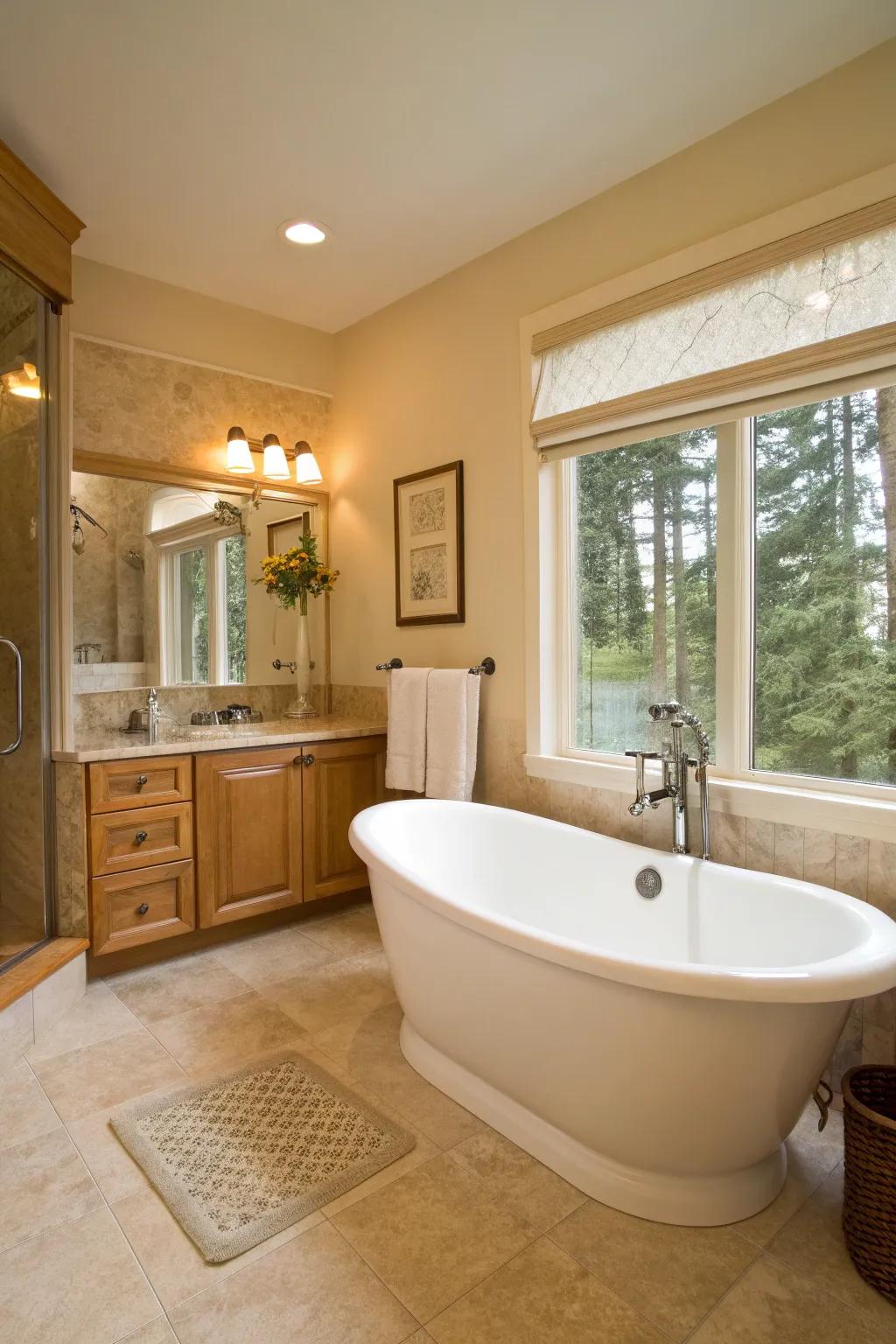 Plan your bathroom layout strategically with a corner freestanding tub that complements the overall design.