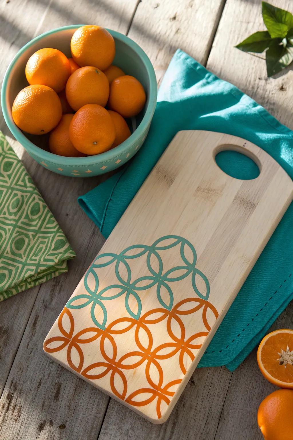 Celebrate eternal love with a cutting board featuring an interlocking rings motif.