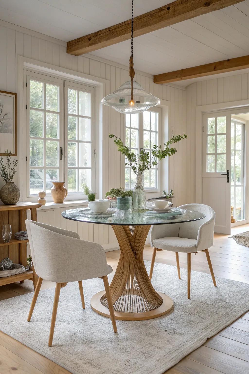 A glass base adds an ethereal quality, making your dining table a centerpiece without overwhelming the space.