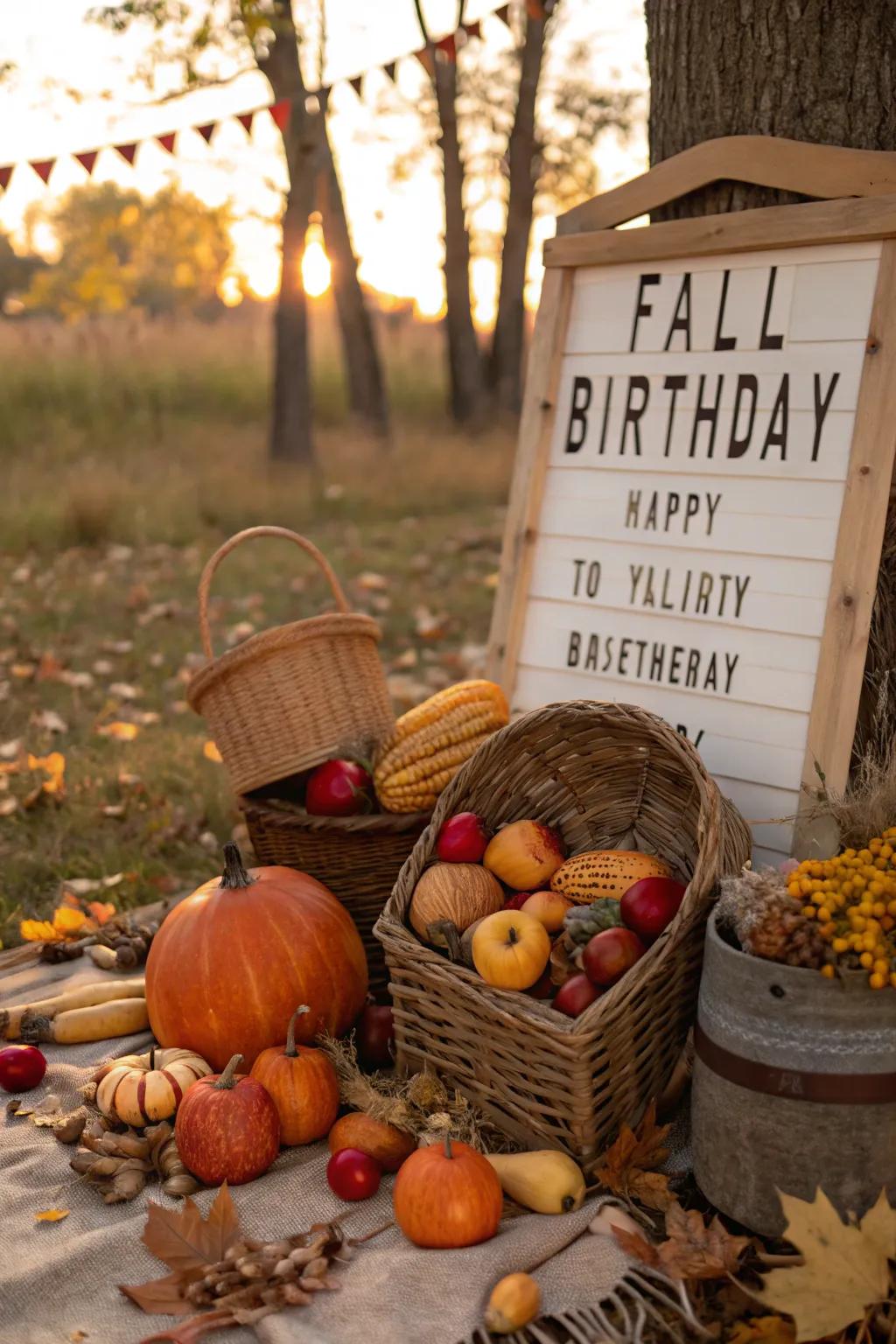 Celebrate abundance with a cornucopia-themed birthday board that embodies the spirit of fall.