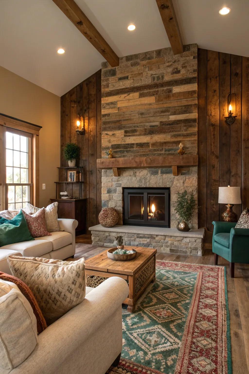 Add rustic charm to your space with a fireplace feature wall made of reclaimed wood.